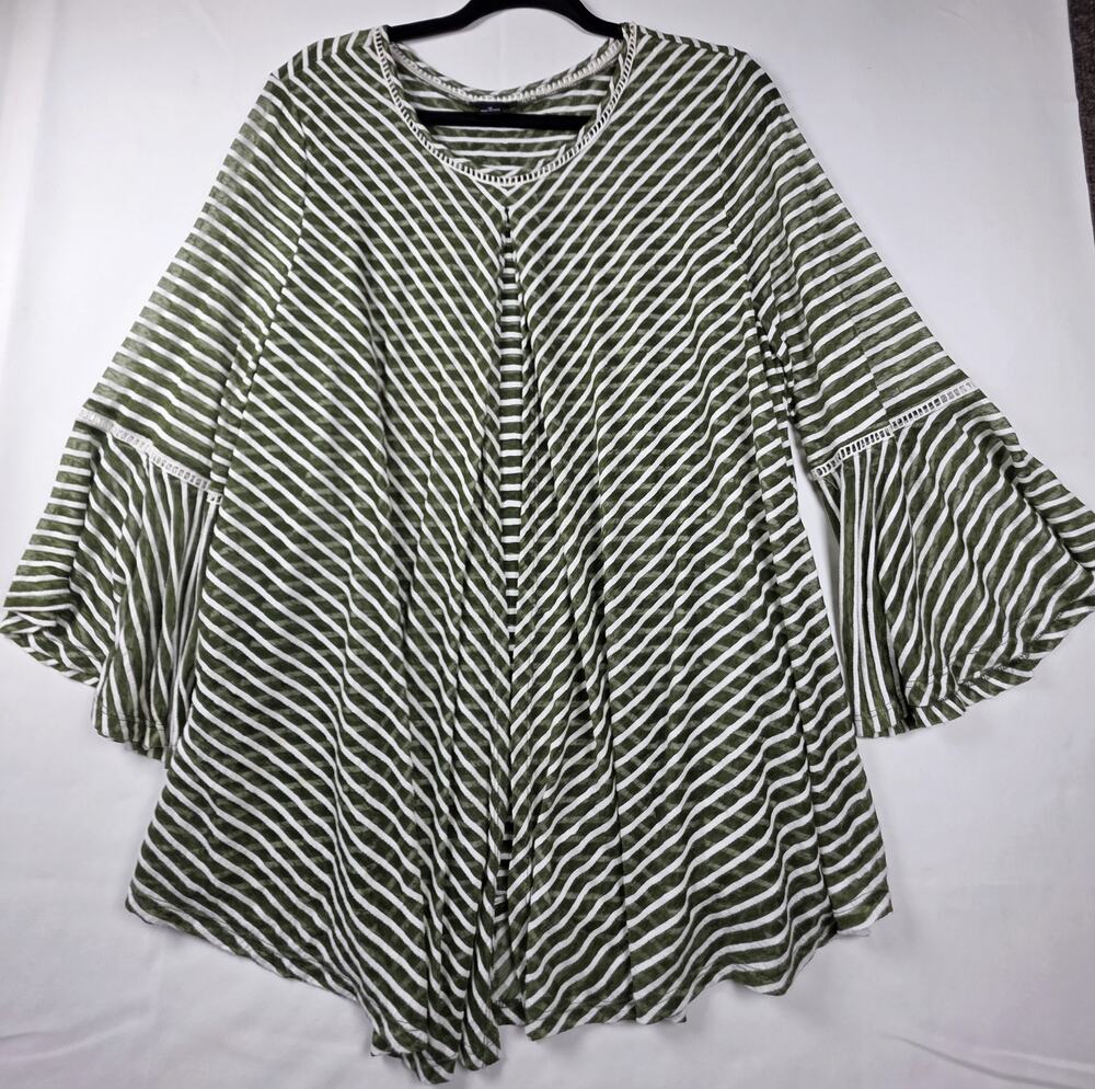 Women's New Direction boho olive green & white striped tunic blouse Size 1XL